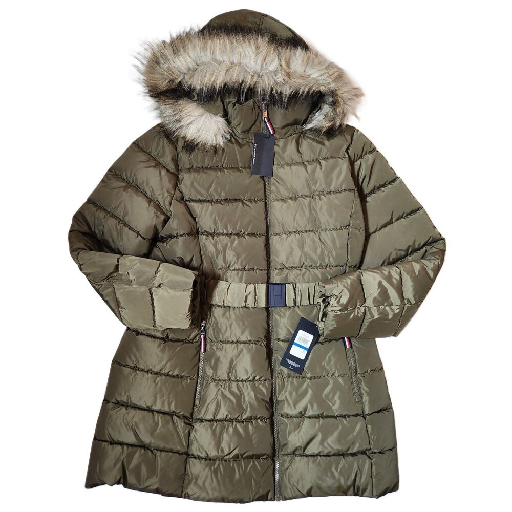 Tommy Hilfiger Belted Puffer Jacket Women’s XL Juniper Green Removable Hood